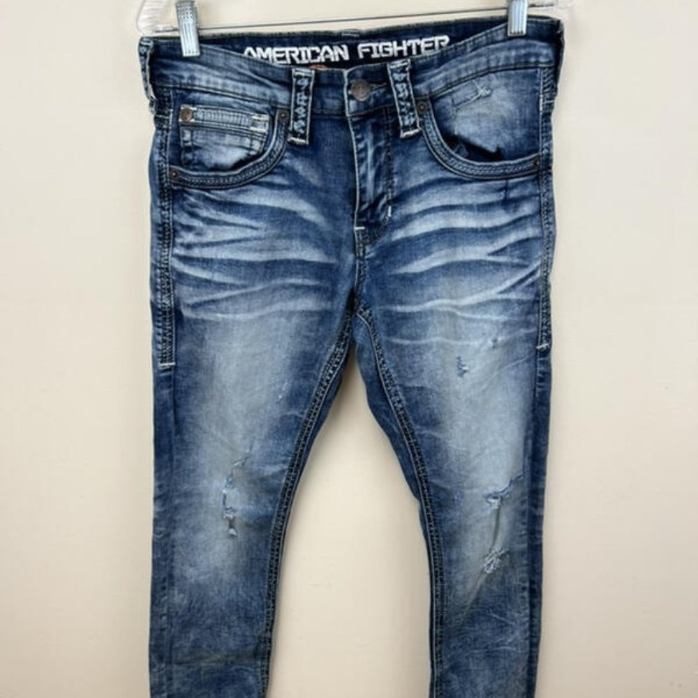 American Fighter 30 x 31.5 Defender Slim Denim Blue Jeans Distressed Ripped